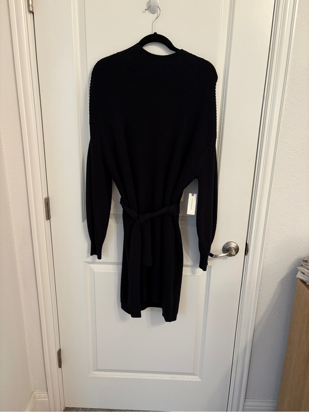 Anthropologie Turtleneck Belted Ribbed Sweater Midi Dress Black M NWT